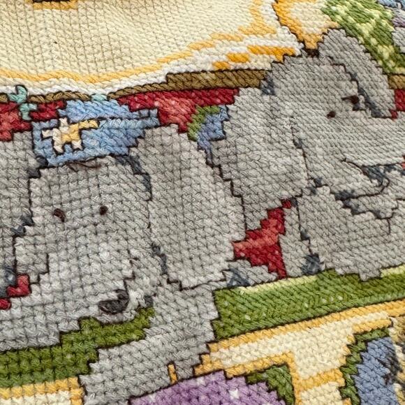 Vintage Handmade Animal Themed Baby Quilt Noah's Ark Cross-Stitch Zoo Wall Decor - Picture 3 of 7